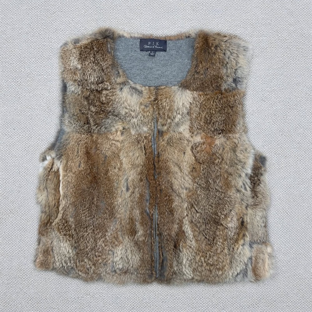 PJK Patterson J Kincaid Real Rabbit Fur Vest Womens 1 Small Brown Zip Front